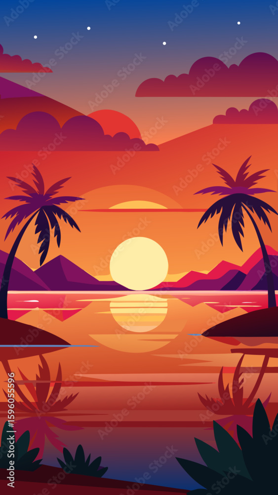 Naklejka premium Vector art of a vibrant sunset over the ocean with silhouetted palm trees and mountains