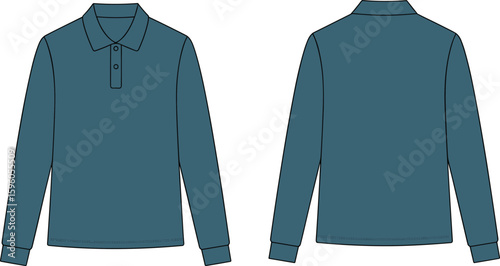 Stylish dark blue long-sleeve polo shirt flat sketch template, front and back views, fashion design, apparel mockup, casual wear, comfortable, customizable, merchandising, versatile.