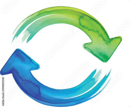Watercolor illustration of a circular arrow symbol with green and blue color gradients.