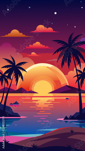 Vector art of evening sky ablaze with color over a tropical bay, featuring palm trees and mountains