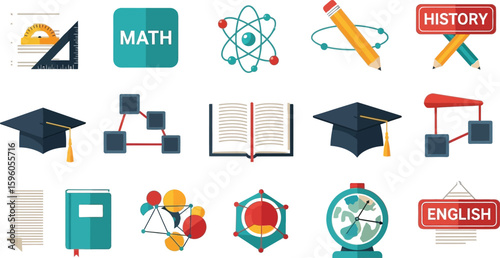 Vector art of a vibrant illustration showcasing various academic subjects and tools, including math, science, history, and english, with icons representing books, atoms, graduation caps, and geometric