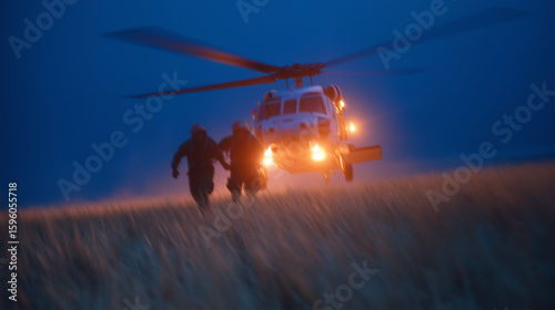 nighttime emergency medical helicopter landing in a rural field, paramedics rushing with a stretcher emergency helicopter, night rescue, paramedics, rural field, stretcher, medical