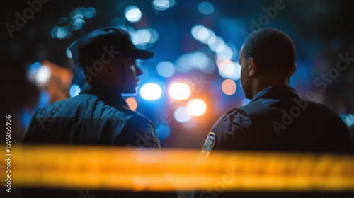 Police officers securing a crime scene with tape and flashlights in a dark alley, late at night urban crime scene, police officers, night patrol, flashlight, security tape, dark al
