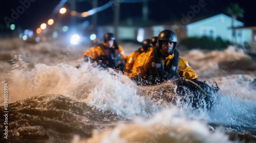 Rescue team navigating flooded streets at night in a coastal town after a hurricane flood rescue, coastal town, night flood, hurricane aftermath, rescue boats, emergency crew, high