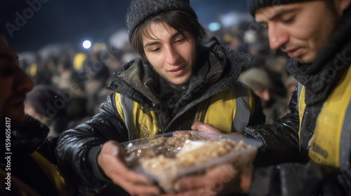 Volunteers distributing food and blankets to refugees in a humanitarian camp during cold night refugees, humanitarian aid, volunteers, food distribution, blankets, cold night, cris
