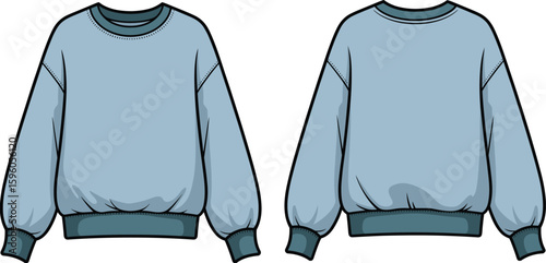 Stylish light blue sweatshirt flat sketch template, front and back views, fashion design, apparel mockup, casual wear, textile, cozy, comfortable, customizable, merchandising, versatile.