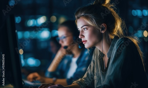 Dedicated Call Center Operator Working Late Night