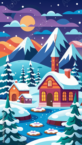 Vector art of a festive winter village glows warmly at night, surrounded by snowladen trees and majestic mountains