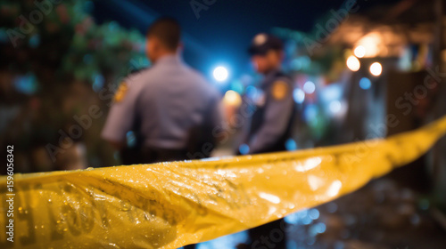 Police unit cordoning off a crime scene at night, caution tape, forensic team photographing evidence crime scene, night investigation, police lights, forensic team, evidence, law e