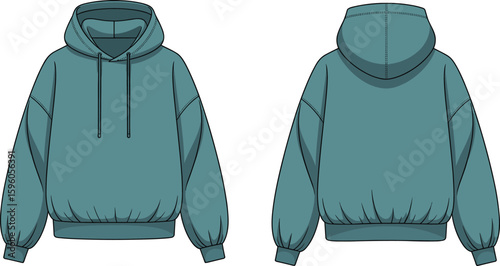Stylish teal hoodie flat sketch template, front and back views, fashion design, apparel mockup, casual wear, comfortable, cozy, customizable, merchandising, versatile, modern, street style.