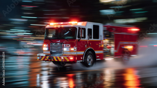 Fire truck racing through rainy city streets at night, wet pavement reflecting sirens, motion blur firetruck, night rain, emergency rush, wet street, cityscape, reflections, rescue
