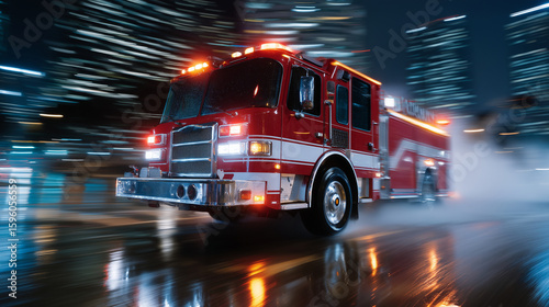 Fire truck racing through rainy city streets at night, wet pavement reflecting sirens, motion blur firetruck, night rain, emergency rush, wet street, cityscape, reflections, rescue