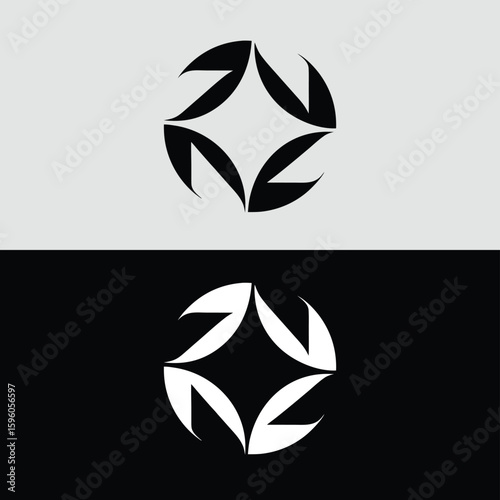 An abstract geometric logo design features rotating arrow shapes within a circle, creating a modern and dynamic visual