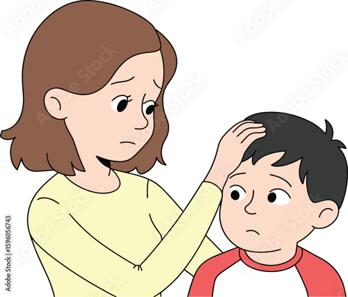 Caring mother comforting her sad or sick child, expressing empathy, worry, support, family bond, childhood illness, emotional support, tenderness, concern, parental love, empathy.