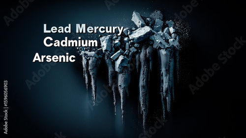 Toxic heavy metals lead, mercury, cadmium, and arsenic represented by an abstract image of crumbling dark minerals, symbolizing industrial pollution and environmental waste.