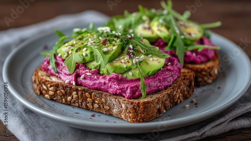 Multigrain avocado toast with beetroot hummus swirl and arugula leaves avocado toast, beetroot hummus, multigrain, arugula, vegan breakfast, plant-based meal, artistic plating, hea