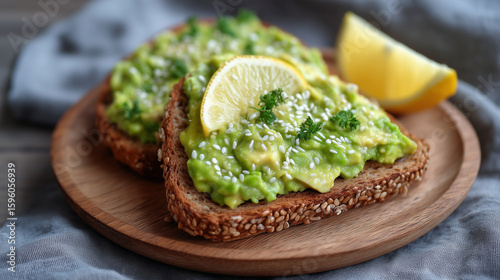 Thick avocado spread on toasted whole grain bread with sesame seeds and lemon wedge avocado toast, whole grain, sesame, healthy breakfast, lemon, detox food, superfood, energy food