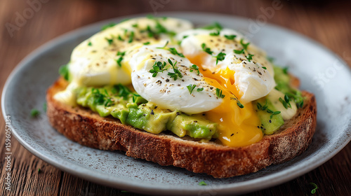 Avocado toast with poached egg and hollandaise sauce, cafe background, steam rising avocado toast, hollandaise, eggs benedict style, creamy breakfast, warm tones, brunch plate, com