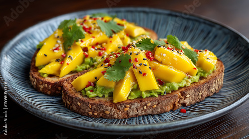 Colorful avocado toast with mango slices, lime zest and chili flakes on ceramic plate avocado toast, tropical twist, mango, lime zest, chili, colorful plate, fusion food, creative