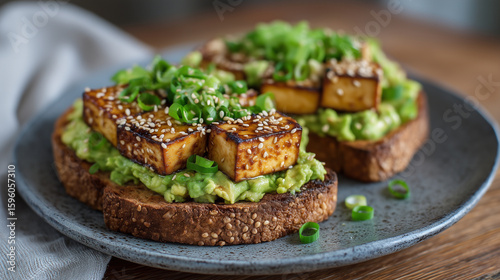 Vegan avocado toast topped with grilled tofu, sesame oil, and scallions, zen ambiance avocado toast, tofu, vegan protein, sesame, Asian-inspired, fusion brunch, green food, tofu to