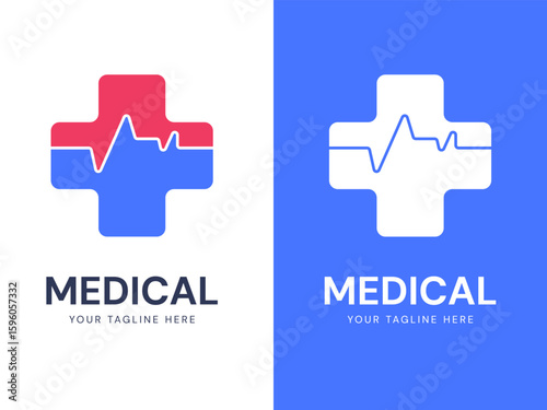 Medicare and Medical Health with overlapping pulse in medical cross symbol logo vector design concept. Modern Medical logotype for ui, Healthcare, Pharmacy, Hospital, medical tech, wellness, clinic.