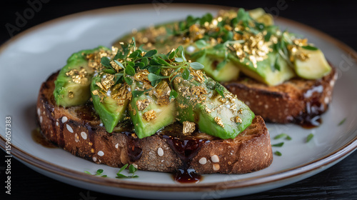 Avocado toast artfully styled with edible gold leaf and truffle oil drizzle avocado toast, edible gold, truffle oil, luxury food, haute cuisine, fancy brunch, rich tones, artistic