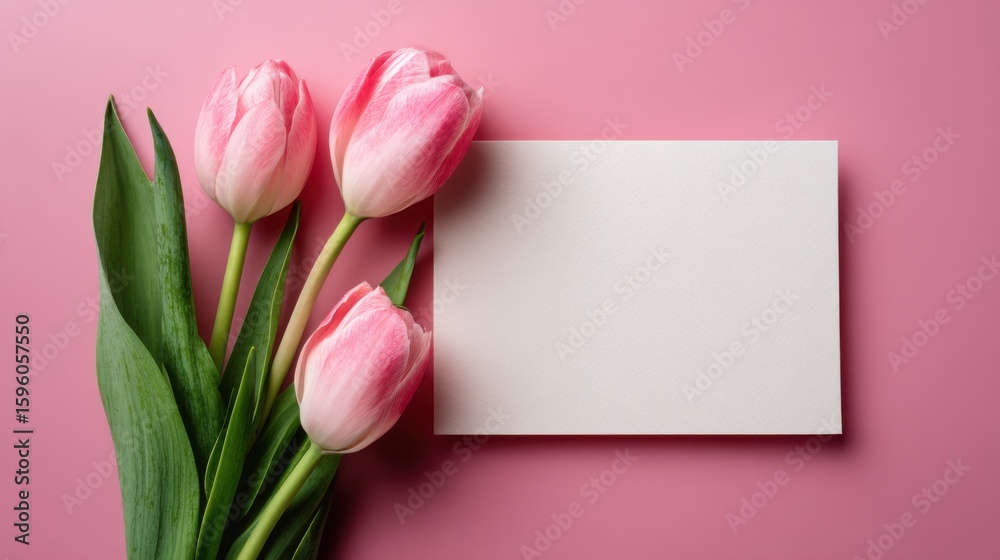 Fototapeta premium Pink Tulips and Blank Card on Pink Background