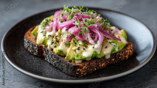 Avocado toast on charcoal bread with pink pickled onions and tahini drizzle avocado toast, charcoal bread, pink onions, tahini, contrast food, modern flavors, bold breakfast, urban