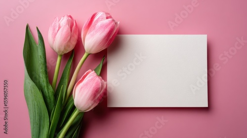 Pink Tulips and Blank Card on Pink Background
