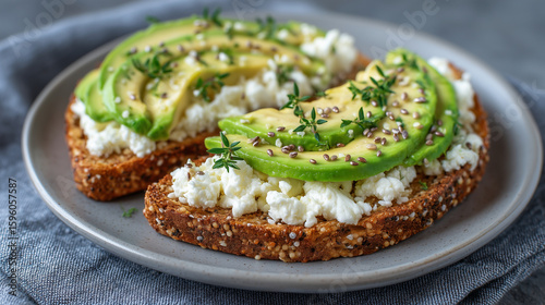 Keto avocado toast with almond flour bread and chia seeds, meal prep background avocado toast, keto, low carb, almond flour, chia, fitness food, diet meal, high-fat breakfast, prep