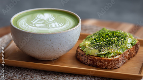 Avocado toast served with matcha latte on bamboo tray in Japanese-inspired kitchen avocado toast, matcha, bamboo, Japan-style, clean aesthetics, zen interior, healthy food, mindful