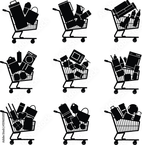Shopping carts filled with various items vector illustration black and white