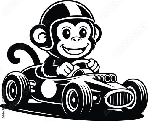 Monkey Racing in Go-Kart with Helmet Silhouette Vector Illustration, Transparent Background.