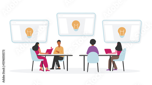 People sitting at desks with lightbulb icons above them in a meeting or brainstorming session