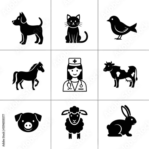 Grid of black and white animal icons with a veterinarian icon in the center square of the grid