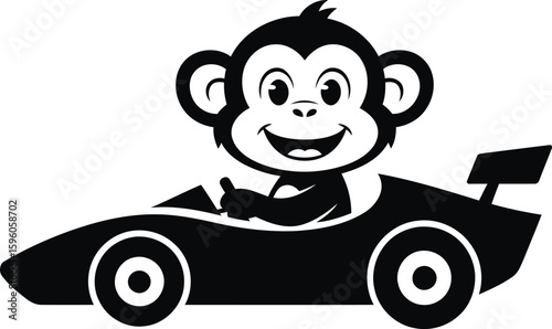 Monkey Driving Race Car Silhouette Vector Illustration, Transparent Background.