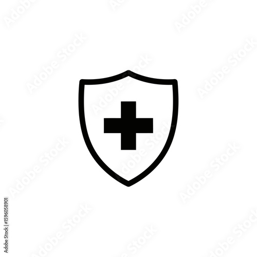A black outline of a shield with a black cross in the center on a white background illustration