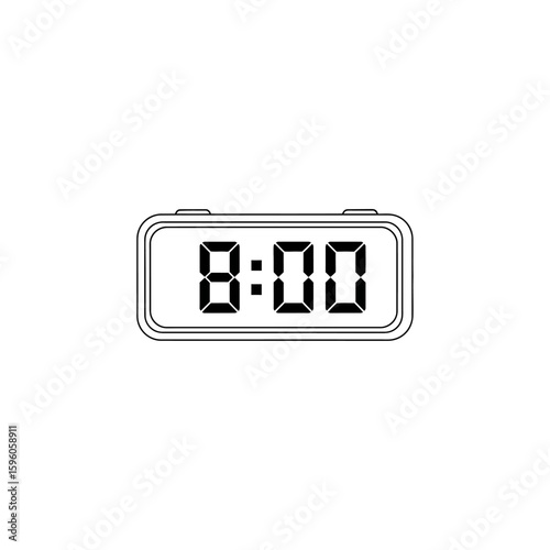 A black and white digital clock displaying eight o clock on a white background in a vector image