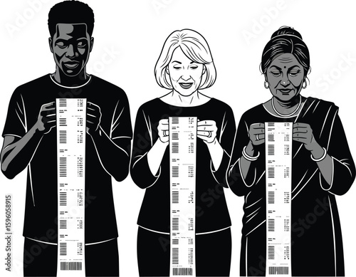 Diverse people holding long receipts financial burden debt management concept art