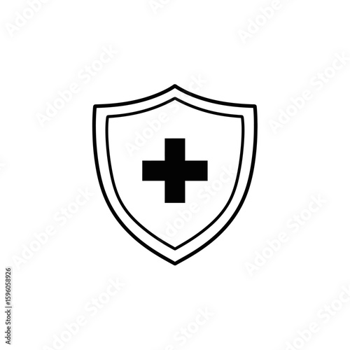 Illustration of a black medical cross centered inside a double lined shield on a white background