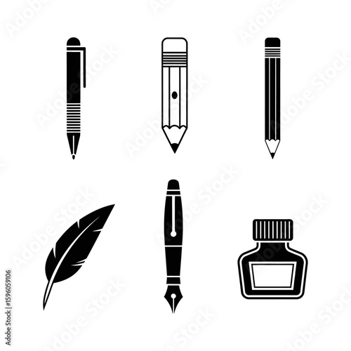 A monochrome illustration featuring writing implements like pens pencils ink and a feather on a white background