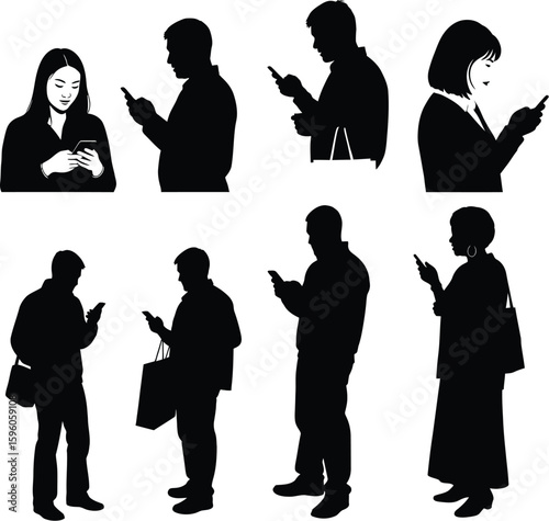 Silhouette people using phone vector illustration of mobile phone users group set