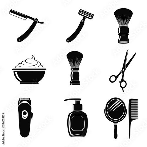 A collection of black and white barber tools including razors brushes and other grooming accessories shown