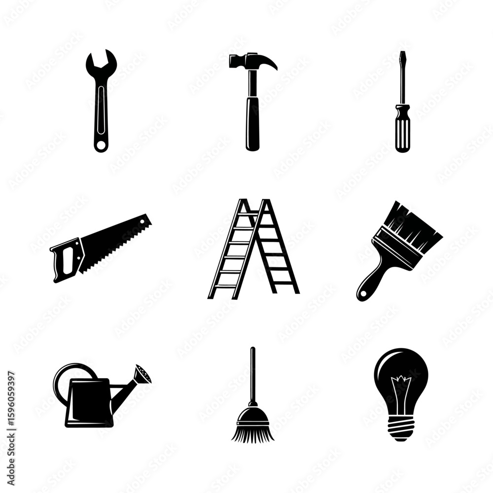 Obraz premium Isolated black and white vector illustration of various tools and household equipment in a grid pattern