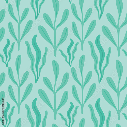 Elegant seaweed pattern with flowing botanical shapes on soft blue background, ideal for minimalist aquatic design and eco-inspired decor.