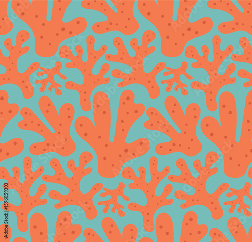 Bright coral shapes form a seamless ocean-inspired pattern, ideal for tropical fabric, bold wallpaper, and marine-themed textile prints.