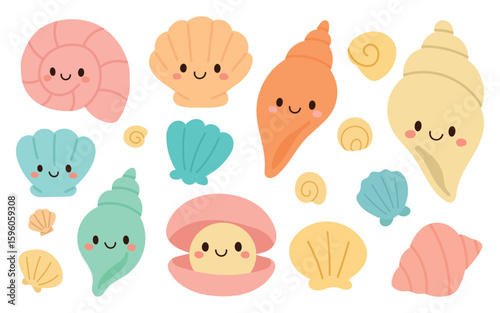 Cute illustrated sea shells with happy faces in soft colors, great for children’s designs, beach themes, and kawaii-style shell graphics.