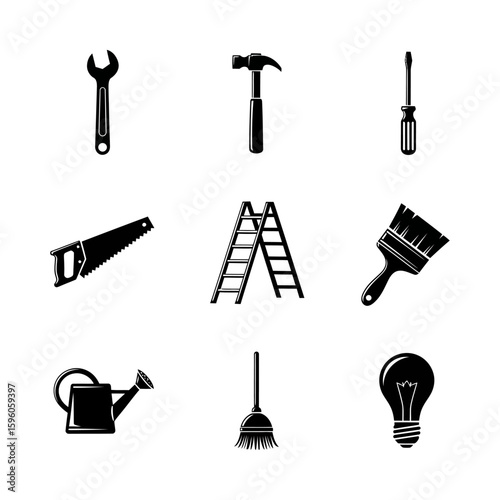 Isolated black and white vector illustration of various tools and household equipment in a grid pattern