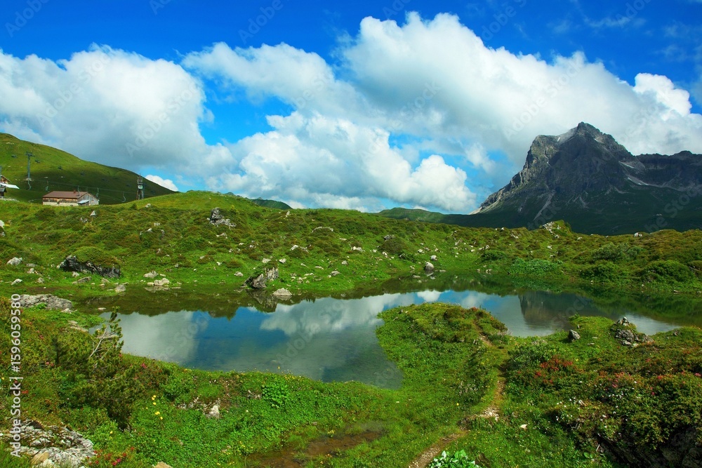 Obraz premium Austrian Alps - view of the lagoon and Widderstein mountain near the village of Warth in the Lechtal Alps