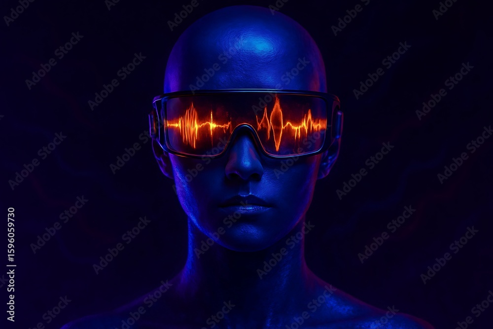 Fototapeta premium Futuristic portrait of a person with neon visor glasses reflecting audio waveforms, symbolizing digital sound, cyberpunk, and advanced technology